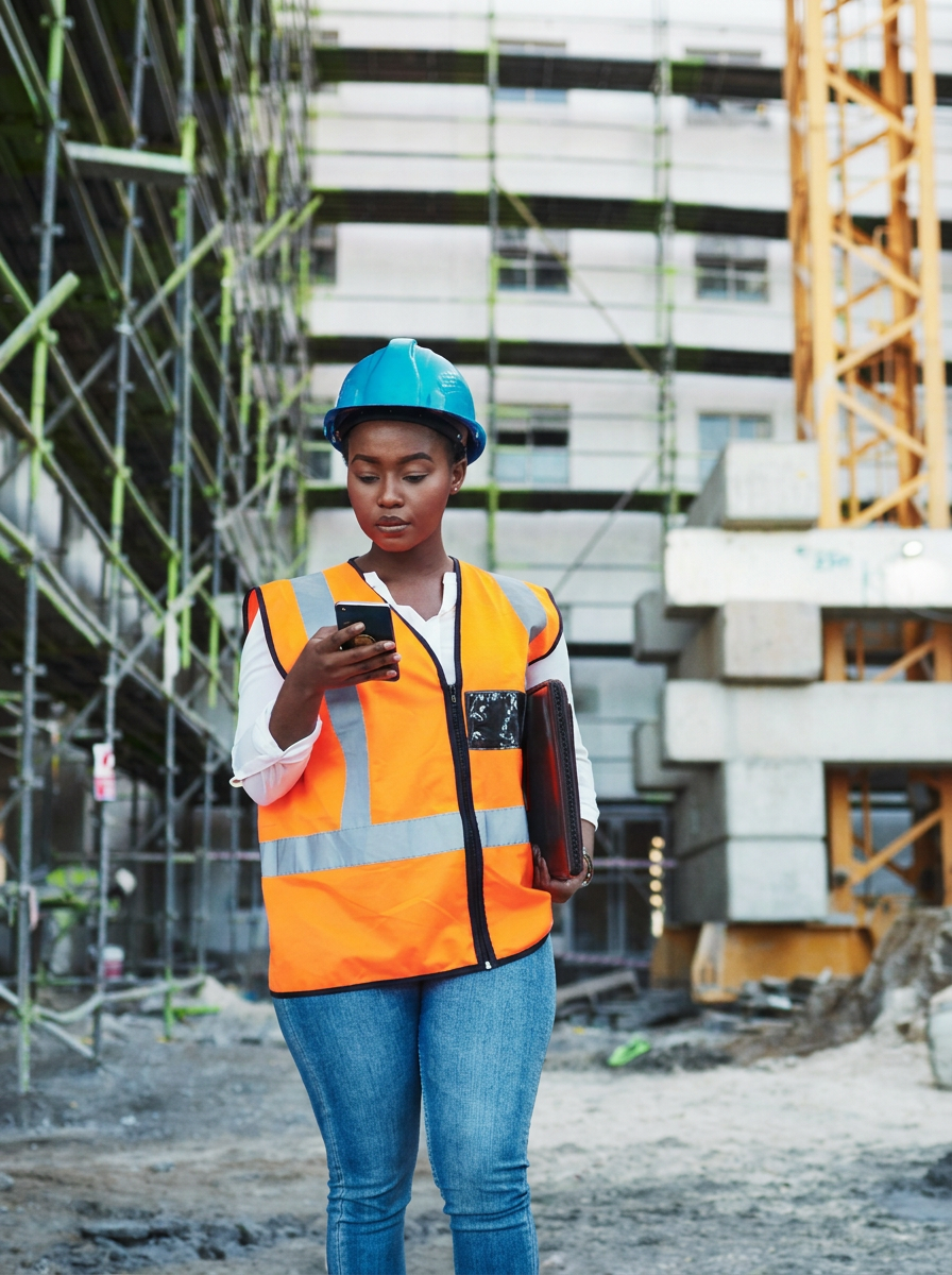 Construction engineer reviewing work on site