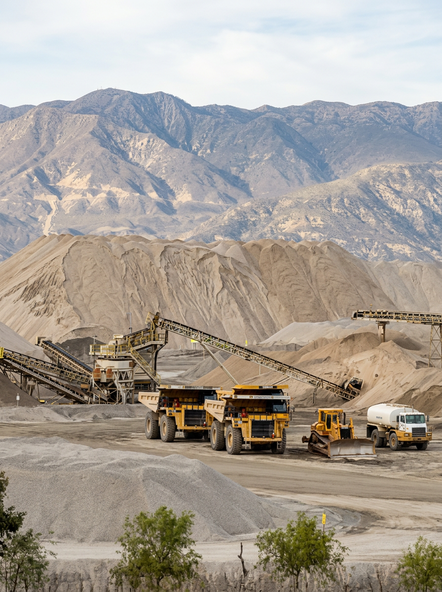 Open-pit mining operation with haul trucks and conveyor belts